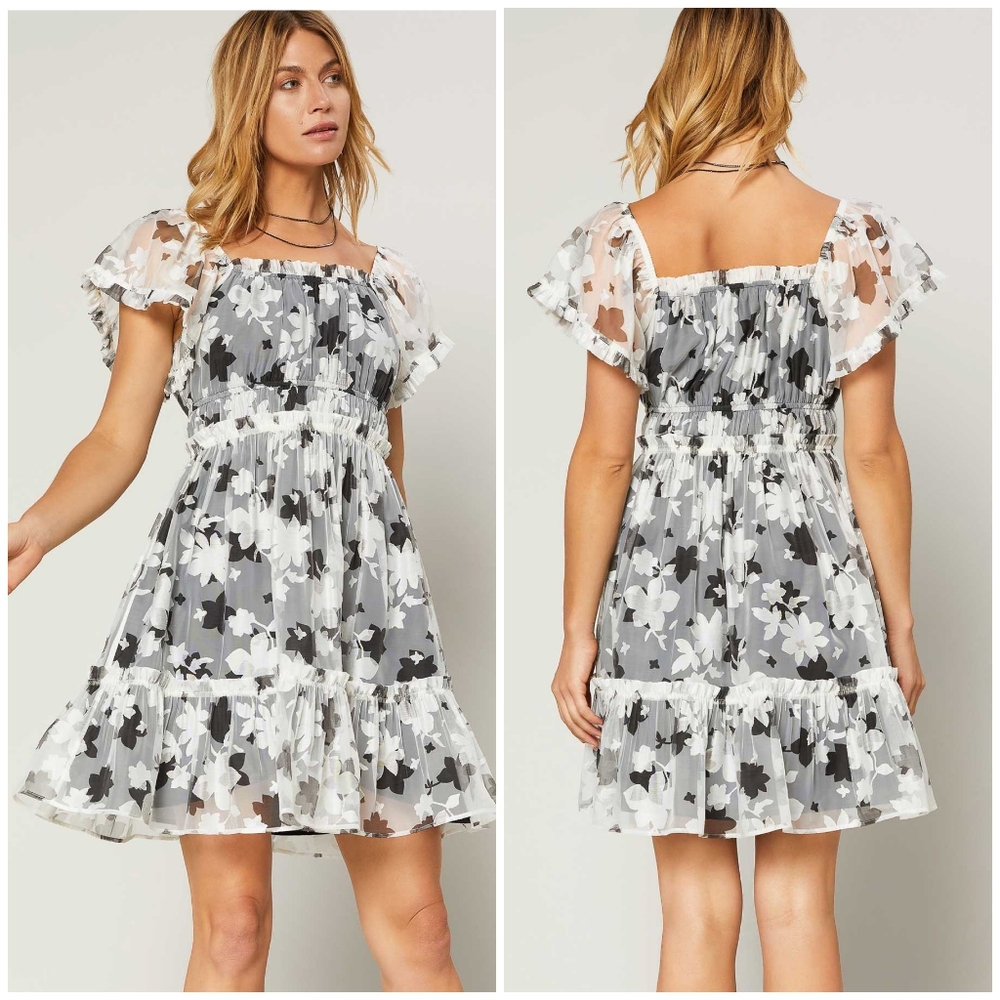 CURRENT AIR Anthro White Black Floral Short Dress - Picture 5 of 8